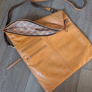 HOBO Real Leather Envelope Tan Crossbody Bag Red Orange Patterned Interior